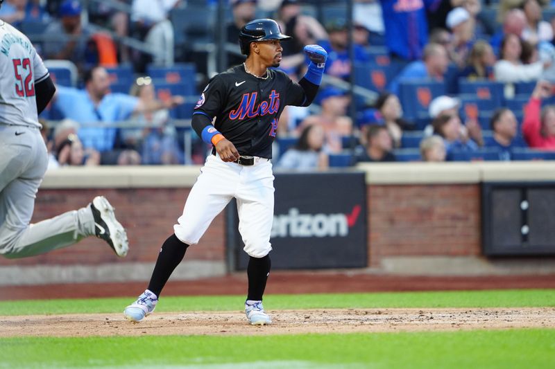 May 31, 2024; New York City, New York, USA; New York Mets shortstop Francisco Lindor (12) scores a run on New York Mets right fielder Starling Marte (not pictured) RBI triple against the Arizona Diamondbacks during the first inning at Citi Field. Mandatory Credit: Gregory Fisher-USA TODAY Sports