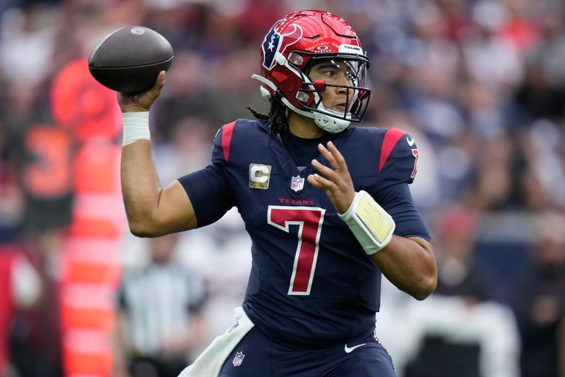 Houston Texans quarterback C.J. Stroud (7) drops back to pass against the Arizona Cardinals during the first half of an NFL football game Sunday, Nov. 19, 2023, in Houston. (AP Photo/Eric Christian Smith)