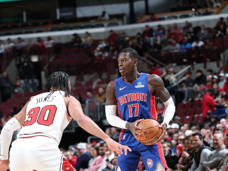 CHICAGO, IL - FEBRUARY 12:  Dennis Schroder #17 of the Detroit Pistons handles the ball during the game against the Chicago Bulls on February 12, 2025 at United Center in Chicago, Illinois. NOTE TO USER: User expressly acknowledges and agrees that, by downloading and or using this photograph, User is consenting to the terms and conditions of the Getty Images License Agreement. Mandatory Copyright Notice: Copyright 2025 NBAE (Photo by Jeff Haynes/NBAE via Getty Images)