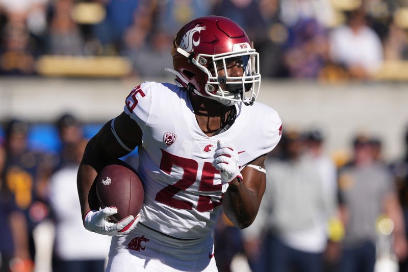 Nov 11, 2023; Berkeley, California, USA; Washington State Cougars running back Nakia Watson (25) carries the ball against the California Golden Bears during the first quarter at California Memorial Stadium. Mandatory Credit: Darren Yamashita-USA TODAY Sports 