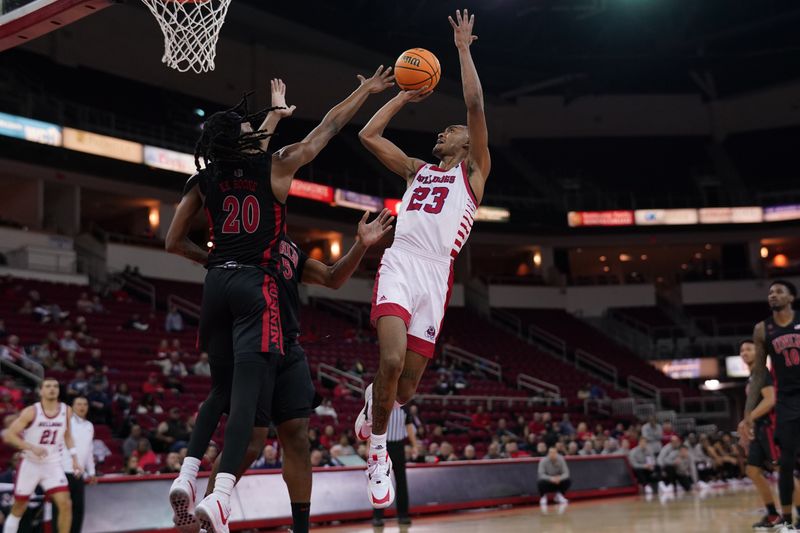 Feb 14, 2024; Fresno, California, USA; Fresno State Bulldogs guard Leo Colimerio (23) makes a shot over UNLV Rebels forward Keylan Boone (20) in the second half at the Save Mart Center. Mandatory Credit: Cary Edmondson-USA TODAY Sports