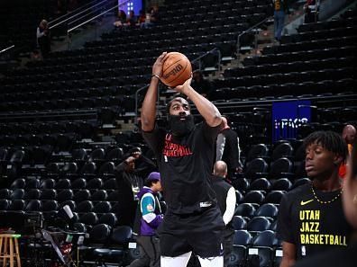 SALT LAKE CITY, UT - DECEMBER 8: James Harden #1 of the LA Clippers warms up before the game against the Utah Jazz on December 8, 2023 at vivint.SmartHome Arena in Salt Lake City, Utah. NOTE TO USER: User expressly acknowledges and agrees that, by downloading and or using this Photograph, User is consenting to the terms and conditions of the Getty Images License Agreement. Mandatory Copyright Notice: Copyright 2023 NBAE (Photo by Melissa Majchrzak/NBAE via Getty Images)