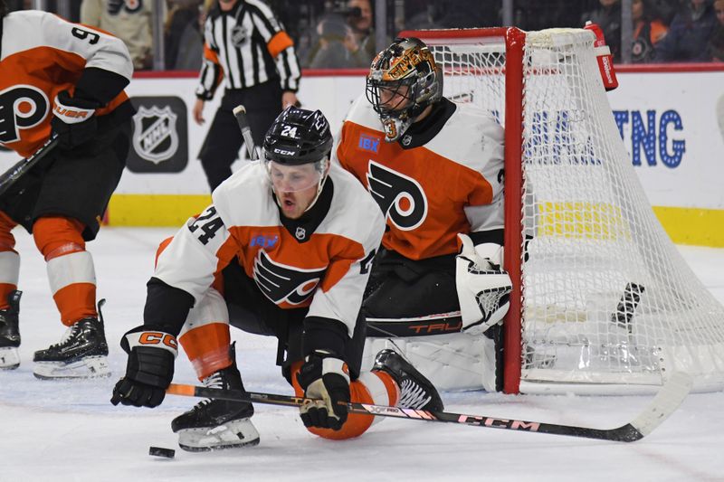 Mar 6, 2025; Philadelphia, Pennsylvania, USA; Philadelphia Flyers defenseman Nick Seeler (24) blocks a shot against the Winnipeg Jets during the second period at Wells Fargo Center. Mandatory Credit: Eric Hartline-Imagn Images
