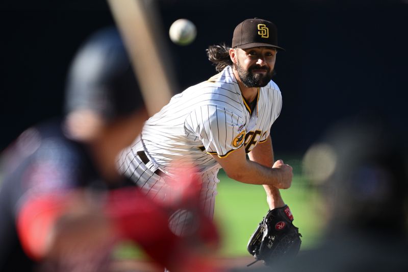 Jun 24, 2023; San Diego, California, USA; San Diego Padres starting pitcher Matt Waldron (61) throws a pitch against the Washington Nationals during the first inning at Petco Park. Mandatory Credit: Orlando Ramirez-USA TODAY Sports