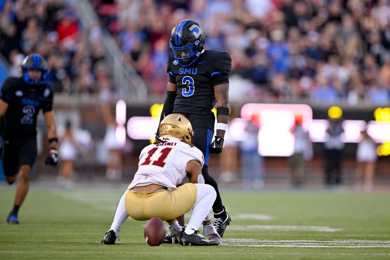 Nov 16, 2024; Dallas, Texas, USA; SMU Mustangs safety Ahmaad Moses (3) stands over Boston College Eagles wide receiver Lewis Bond (11) after he defends a pass intended for Moses during the second half at Gerald J. Ford Stadium. Mandatory Credit: Jerome Miron-Imagn Images
