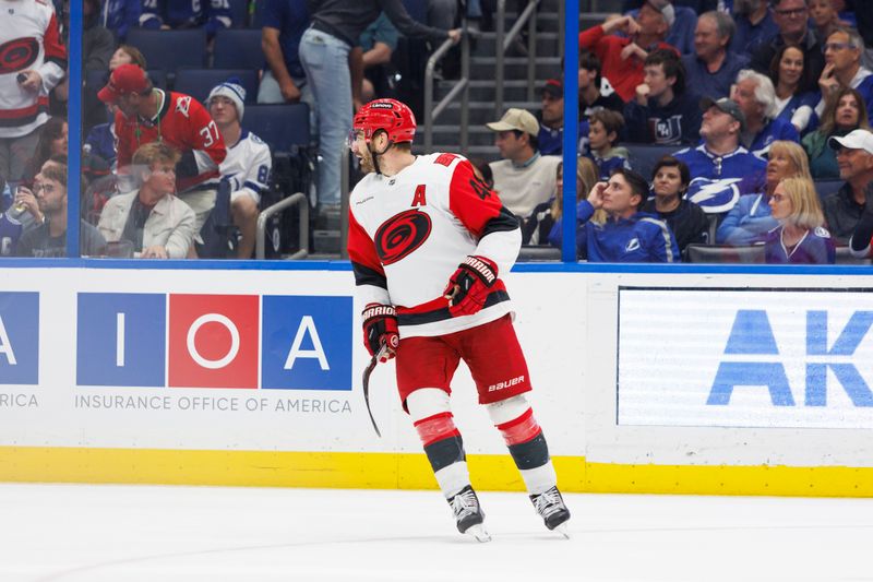 Mar 14, 2026; Tampa, Florida, USA; Carolina Hurricanes forward Jordan Martinook (48) reacts after a goal against the Tampa Bay Lightning in the third period at Benchmark International Arena. Mandatory Credit: Morgan Tencza-Imagn Images Mar 14, 2026; Tampa, Florida, USA; Carolina Hurricanes forward Jordan Martinook (48) reacts after a goal against the Tampa Bay Lightning in the third period at Benchmark International Arena. Mandatory Credit: Morgan Tencza-Imagn Images