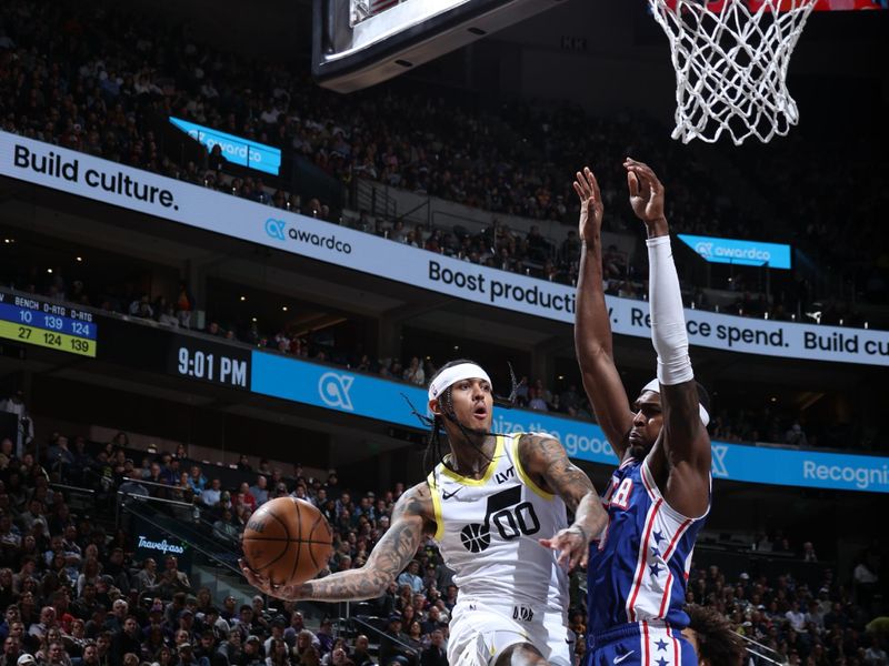 SALT LAKE CITY, UT - FEBRUARY 1: Jordan Clarkson #00 of the Utah Jazz looks to pass the ball during the game against the Philadelphia 76ers on February 1, 2024 at Delta Center in Salt Lake City, Utah. NOTE TO USER: User expressly acknowledges and agrees that, by downloading and or using this Photograph, User is consenting to the terms and conditions of the Getty Images License Agreement. Mandatory Copyright Notice: Copyright 2024 NBAE (Photo by Melissa Majchrzak/NBAE via Getty Images)