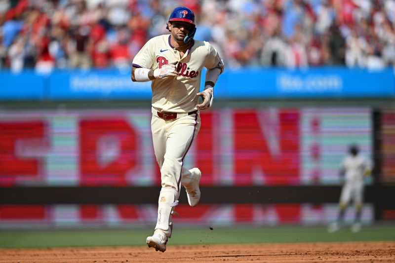 Jul 13, 2024; Philadelphia, Pennsylvania, USA; Philadelphia Phillies outfielder Nick Castellanos (8) rounds the bases after hitting a two-run home run against the Oakland Athletics in the second inning at Citizens Bank Park. Mandatory Credit: Kyle Ross-USA TODAY Sports