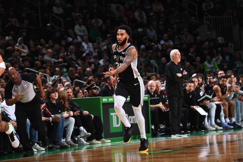 BOSTON, MA - JANUARY 17: Julian Champagnie #30 of the San Antonio Spurs celebrates a three point basket during the game against the Boston Celtics on January 17, 2024 at the TD Garden in Boston, Massachusetts. NOTE TO USER: User expressly acknowledges and agrees that, by downloading and or using this photograph, User is consenting to the terms and conditions of the Getty Images License Agreement. Mandatory Copyright Notice: Copyright 2024 NBAE  (Photo by Brian Babineau/NBAE via Getty Images)