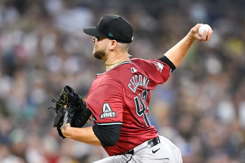 Jun 6, 2024; San Diego, California, USA; Arizona Diamondbacks starting pitcher Slade Cecconi (43) delivers during the fourth inning against the San Diego Padres at Petco Park. Mandatory Credit: Denis Poroy-USA TODAY Sports at Petco Park. 