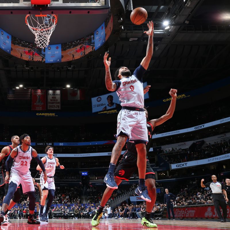 WASHINGTON, DC -?JANUARY 29: Justin Champagnie #9 of the Washington Wizards rebounds during the game against the Toronto Raptors on January 29, 2025 at Capital One Arena in Washington, DC. NOTE TO USER: User expressly acknowledges and agrees that, by downloading and or using this Photograph, user is consenting to the terms and conditions of the Getty Images License Agreement. Mandatory Copyright Notice: Copyright 2025 NBAE (Photo by Stephen Gosling/NBAE via Getty Images)