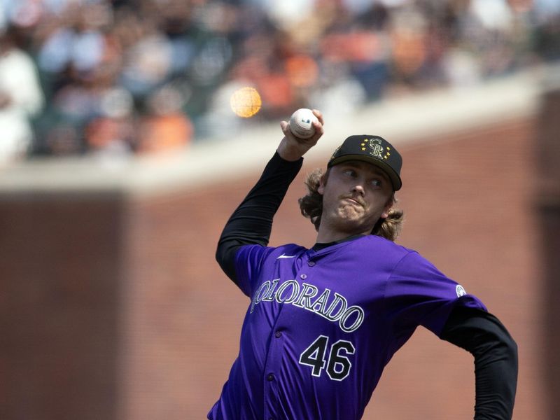 May 18, 2024; San Francisco, California, USA;  Colorado Rockies pitcher Nick Mears (46) delivers a pitch against the San Francisco Giants during the eighth inning at Oracle Park. Mandatory Credit: D. Ross Cameron-USA TODAY Sports