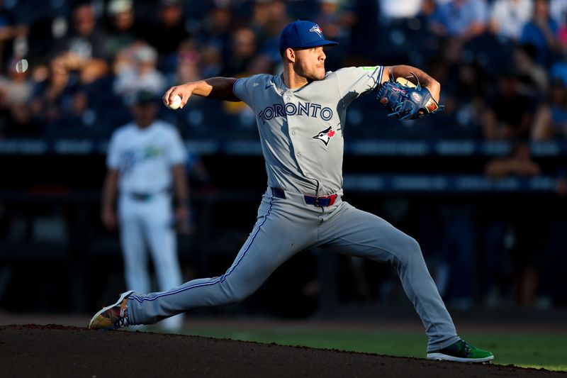 May 24, 2025; Tampa, Florida, USA; Toronto Blue Jays starting pitcher Jose Berrios (17) throws a pitch against the Tampa Bay Rays in the first inning at George M. Steinbrenner Field. Mandatory Credit: Nathan Ray Seebeck-Imagn Images