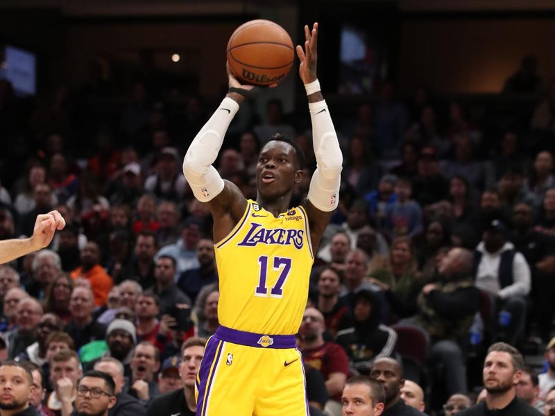 CLEVELAND, OH - DECEMBER 6:  Dennis Schroder #17 of the Los Angeles Lakers shoots the ball during the game against the Cleveland Cavaliers on December 6, 2022 at Rocket Mortgage FieldHouse in Cleveland, Ohio. NOTE TO USER: User expressly acknowledges and agrees that, by downloading and/or using this Photograph, user is consenting to the terms and conditions of the Getty Images License Agreement. Mandatory Copyright Notice: Copyright 2022 NBAE (Photo by Lauren Leigh Bacho/NBAE via Getty Images)