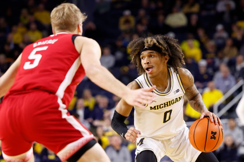 Feb 8, 2023; Ann Arbor, Michigan, USA;  Michigan Wolverines guard Dug McDaniel (0) dribbles defended by Nebraska Cornhuskers guard Sam Griesel (5) in the first half at Crisler Center. Mandatory Credit: Rick Osentoski-USA TODAY Sports