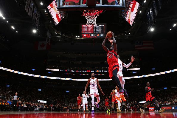 TORONTO, CANADA - NOVEMBER 29: Pascal Siakam #43 of the Toronto Raptors drives to the basket during the game against the Phoenix Suns on November 29, 2023 at the Scotiabank Arena in Toronto, Ontario, Canada.  NOTE TO USER: User expressly acknowledges and agrees that, by downloading and or using this Photograph, user is consenting to the terms and conditions of the Getty Images License Agreement.  Mandatory Copyright Notice: Copyright 2023 NBAE (Photo by Vaughn Ridley/NBAE via Getty Images)