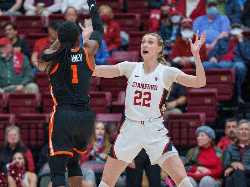 Jan 27, 2023; Stanford, California, USA; Oregon State Beavers guard Bendu Yeaney (1) shoots the basketball over Stanford Cardinal forward Cameron Brink (22) during the first quarter at Maples Pavilion. Mandatory Credit: Neville E. Guard-USA TODAY Sports