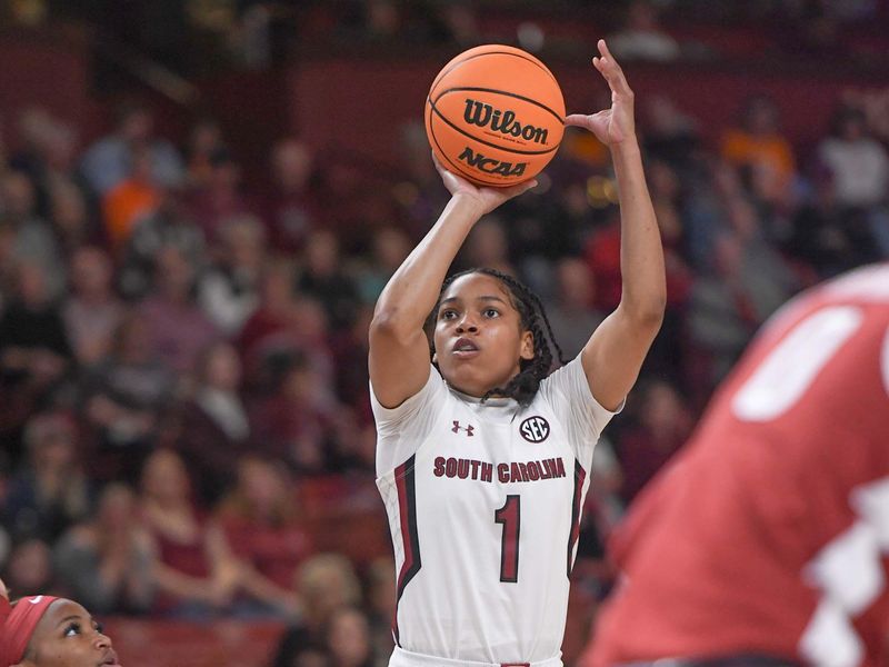 Mar 3, 2023; Greenville, SC, USA; South Carolina guard Zia Cooke (1) shoots near Arkansas guard Saylor Poffenbarger (0) during the first quarter at Bon Secours Wellness Arena. Mandatory Credit: Ken Ruinard-USA TODAY Sports