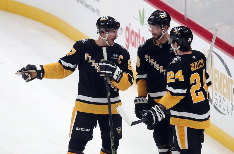 Dec 3, 2024; Pittsburgh, Pennsylvania, USA;  Pittsburgh Penguins center Sidney Crosby (87) talks with defensemen Kris Letang (58) and Matt Grzelcyk (24) against the Florida Panthers during the first period at PPG Paints Arena. Mandatory Credit: Charles LeClaire-Imagn Images