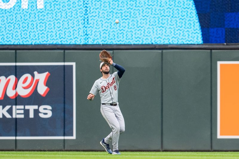 Jul 4, 2024; Minneapolis, Minnesota, USA; Detroit Tigers third baseman Matt Vierling (8) catches the ball retiring Minnesota Twins shortstop Willi Castro (50) for the first out. in the bottom of the first inning at Target Field. Mandatory Credit: Matt Blewett-USA TODAY Sports