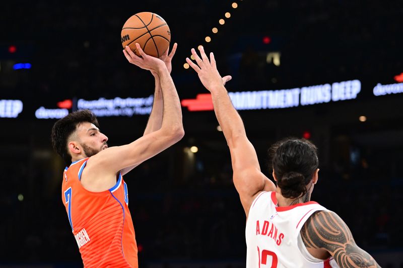 OKLAHOMA CITY, OKLAHOMA - NOVEMBER 8: Chet Holmgren #7 of the Oklahoma City Thunder attempts a shot during the second half against the Houston Rockets at Paycom Center on November 8, 2024 in Oklahoma City, Oklahoma. NOTE TO USER: User expressly acknowledges and agrees that, by downloading and or using this photograph, User is consenting to the terms and conditions of the Getty Images License Agreement. (Photo by Joshua Gateley/Getty Images)