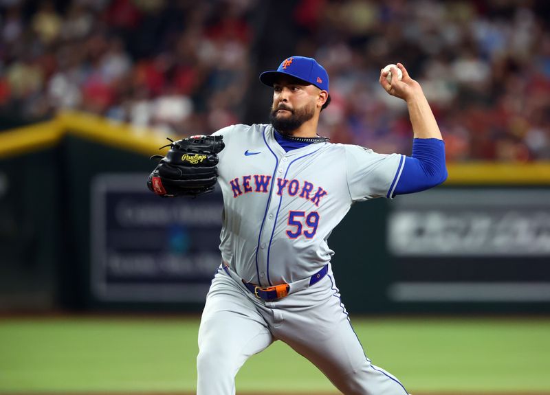 Aug 27, 2024; Phoenix, Arizona, USA; New York Mets pitcher Sean Manaea in the third inning against the Arizona Diamondbacks at Chase Field. Mandatory Credit: Mark J. Rebilas-USA TODAY Sports