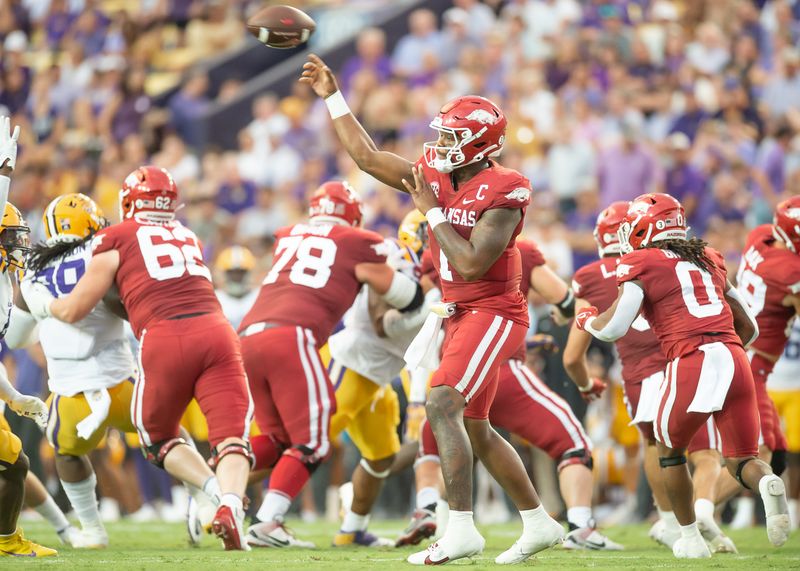 Sep 23, 2023; Baton Rouge, Louisiana, USA; Arkansas Razorbacks quarterback KJ Jefferson (1) throws a pass against LSU Tigers during the game at Tiger Stadium. Mandatory Credit: Scott Clause-USA TODAY Sports