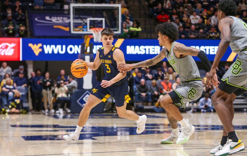 Feb 17, 2024; Morgantown, West Virginia, USA; West Virginia Mountaineers guard Kerr Kriisa (3) dribbles the ball against Baylor Bears forward Jalen Bridges (11) during the second half at WVU Coliseum. Mandatory Credit: Ben Queen-USA TODAY Sports