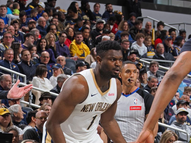 INDIANAPOLIS, IN - FEBRUARY 28: Zion Williamson #1 of the New Orleans Pelicans handles the ball during the game against the Indiana Pacers on February 28, 2024 at Gainbridge Fieldhouse in Indianapolis, Indiana. NOTE TO USER: User expressly acknowledges and agrees that, by downloading and or using this Photograph, user is consenting to the terms and conditions of the Getty Images License Agreement. Mandatory Copyright Notice: Copyright 2024 NBAE (Photo by Ron Hoskins/NBAE via Getty Images)