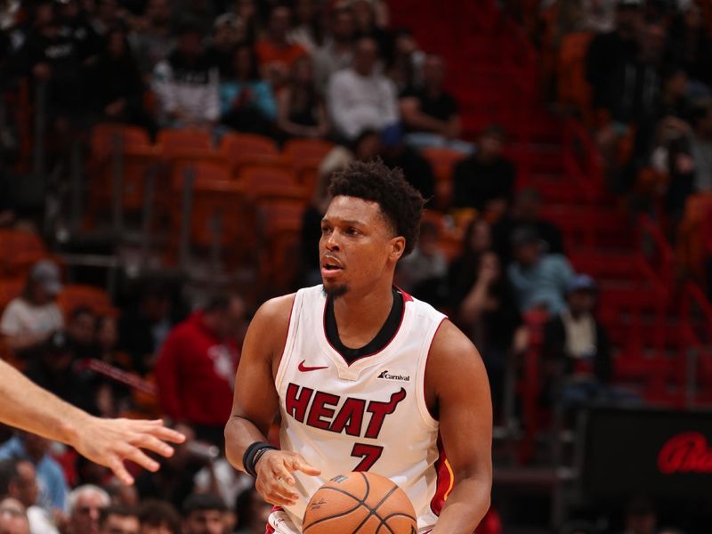 MIAMI, FL - JANUARY 8: Kyle Lowry #7 of the Miami Heat handles the ball during the game against the Houston Rockets on January 8, 2024 at Kaseya Center in Miami, Florida. NOTE TO USER: User expressly acknowledges and agrees that, by downloading and or using this Photograph, user is consenting to the terms and conditions of the Getty Images License Agreement. Mandatory Copyright Notice: Copyright 2024 NBAE (Photo by Issac Baldizon/NBAE via Getty Images)