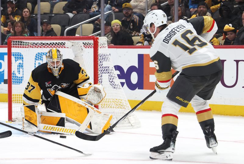 Mar 1, 2026; Pittsburgh, Pennsylvania, USA;  Pittsburgh Penguins goaltender Arturs Silovs (37) makes a save against Vegas Golden Knights right wing Pavel Dorofeyev (16) during the second period at PPG Paints Arena. Mandatory Credit: Charles LeClaire-Imagn Images