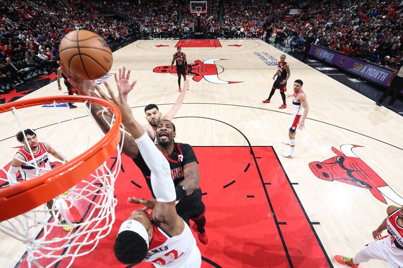 CHICAGO, IL - MARCH 25:  Andre Drummond #3 of the Chicago Bulls shoots the ball during the game against the Washington Wizards on March 25, 2024 at United Center in Chicago, Illinois. NOTE TO USER: User expressly acknowledges and agrees that, by downloading and or using this photograph, User is consenting to the terms and conditions of the Getty Images License Agreement. Mandatory Copyright Notice: Copyright 2024 NBAE (Photo by Jeff Haynes/NBAE via Getty Images)