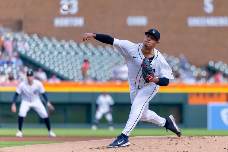 Aug 1, 2024; Detroit, Michigan, USA; Detroit Tigers starting pitcher Keider Montero (54) delivers a pitch in the first inning against the Kansas City Royals at Comerica Park. Mandatory Credit: David Reginek-USA TODAY Sports