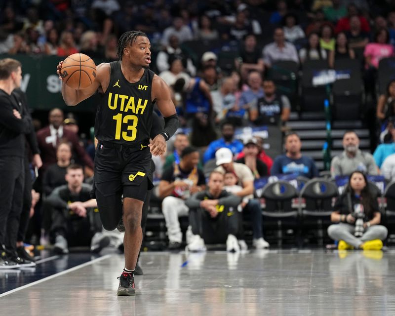 DALLAS, TX - OCTOBER 10:  Kira Lewis Jr. #13 of the Utah Jazz dribbles the ball during the game against the Dallas Mavericks on October 10, 2024 at American Airlines Center in Dallas, Texas. NOTE TO USER: User expressly acknowledges and agrees that, by downloading and or using this photograph, User is consenting to the terms and conditions of the Getty Images License Agreement. Mandatory Copyright Notice: Copyright 2024 NBAE (Photo by Glenn James/NBAE via Getty Images)