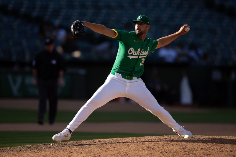 May 8, 2024; Oakland, California, USA; Oakland Athletics pitcher Kyle Muller (39) delivers a pitch against the Texas Rangers during the eighth inning at Oakland-Alameda County Coliseum. Mandatory Credit: D. Ross Cameron-USA TODAY Sports