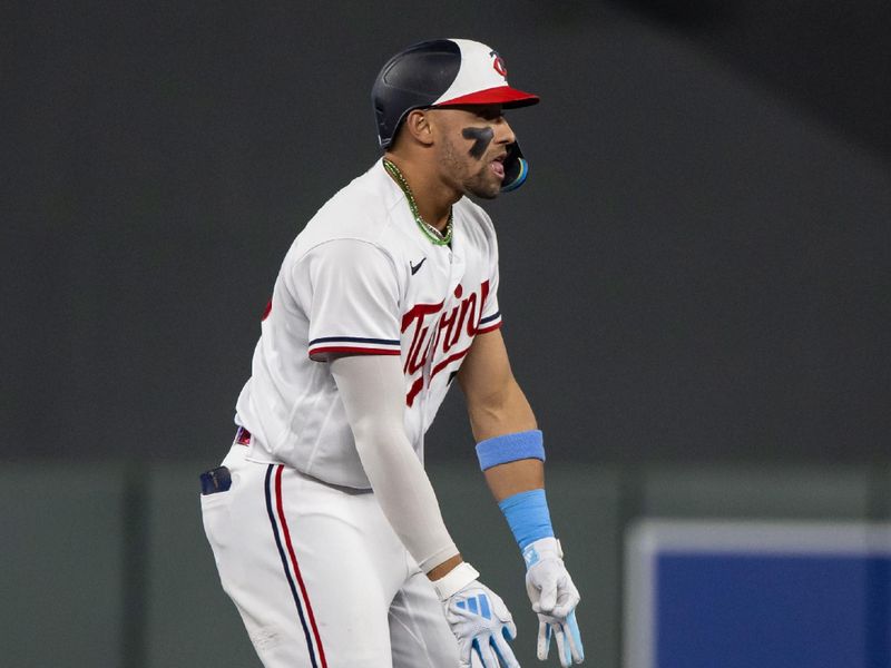 Sep 8, 2023; Minneapolis, Minnesota, USA; Minnesota Twins third baseman Royce Lewis (23) celebrates after hitting a RBI double during the seventh inning against the New York Mets at Target Field. Mandatory Credit: Jordan Johnson-USA TODAY Sports