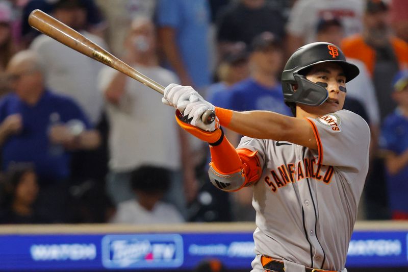 May 9, 2025; Minneapolis, Minnesota, USA; San Francisco Giants center fielder Jung Hoo Lee (51) bats against the Minnesota Twins in the ninth inning at Target Field. Mandatory Credit: Bruce Kluckhohn-Imagn Images