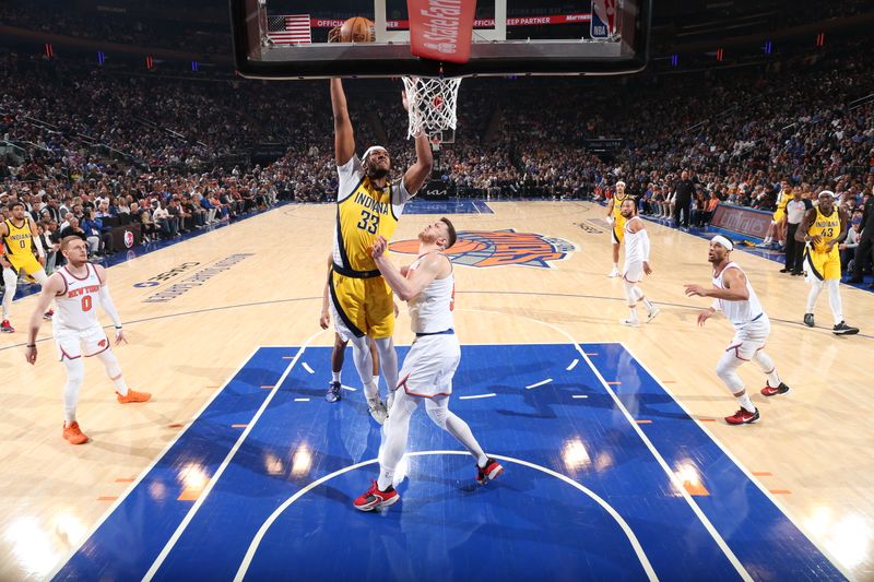 NEW YORK, NY - MAY 19: Myles Turner #33 of the Indiana Pacers dunks the ball during the game  against the New York Knicks during Round 2 Game 7 of the 2024 NBA Playoffs on May 19, 2024 at Madison Square Garden in New York City, New York.  NOTE TO USER: User expressly acknowledges and agrees that, by downloading and or using this photograph, User is consenting to the terms and conditions of the Getty Images License Agreement. Mandatory Copyright Notice: Copyright 2024 NBAE  (Photo by Nathaniel S. Butler/NBAE via Getty Images)