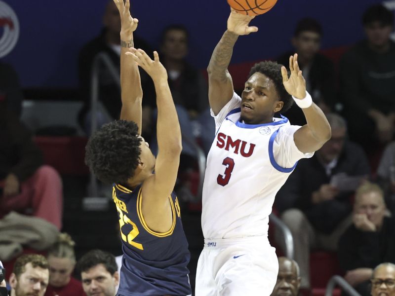 Jan 29, 2025; Dallas, Texas, USA;  Southern Methodist Mustangs guard Chuck Harris (3) passes the ball as California Golden Bears guard Christian Tucker (22) defends during the second half at Moody Coliseum. Mandatory Credit: Kevin Jairaj-Imagn Images