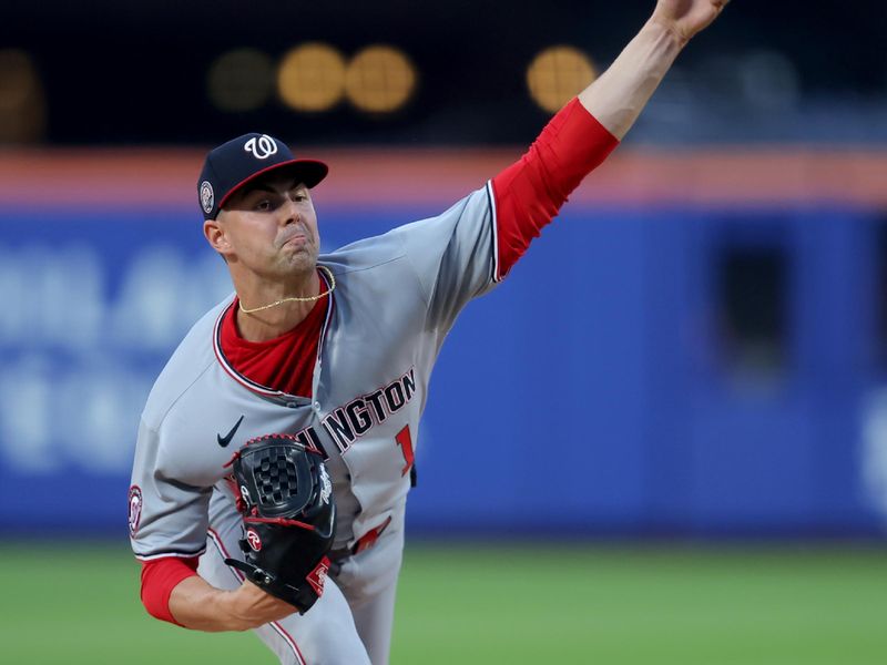 Jun 10, 2025; New York City, New York, USA; Washington Nationals starting pitcher MacKenzie Gore (1) pitches against the New York Mets during the second inning at Citi Field. Mandatory Credit: Brad Penner-Imagn Images