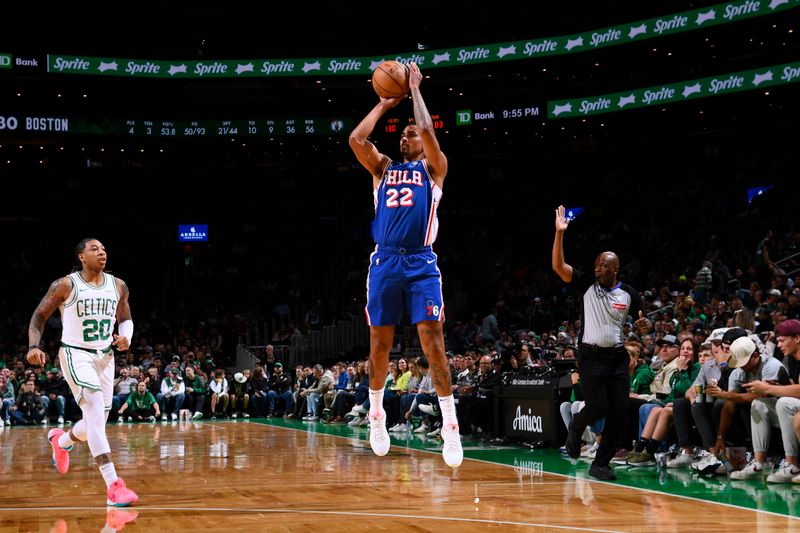 BOSTON, MA - OCTOBER 12: Jordan Tucker #22 of the Philadelphia 76ers shoots the ball during the game against the Boston Celtics during a NBA Preseason game on October 12, 2024 at TD Garden in Boston, Massachusetts. NOTE TO USER: User expressly acknowledges and agrees that, by downloading and/or using this Photograph, user is consenting to the terms and conditions of the Getty Images License Agreement. Mandatory Copyright Notice: Copyright 2024 NBAE (Photo by Brian Babineau/NBAE via Getty Images)