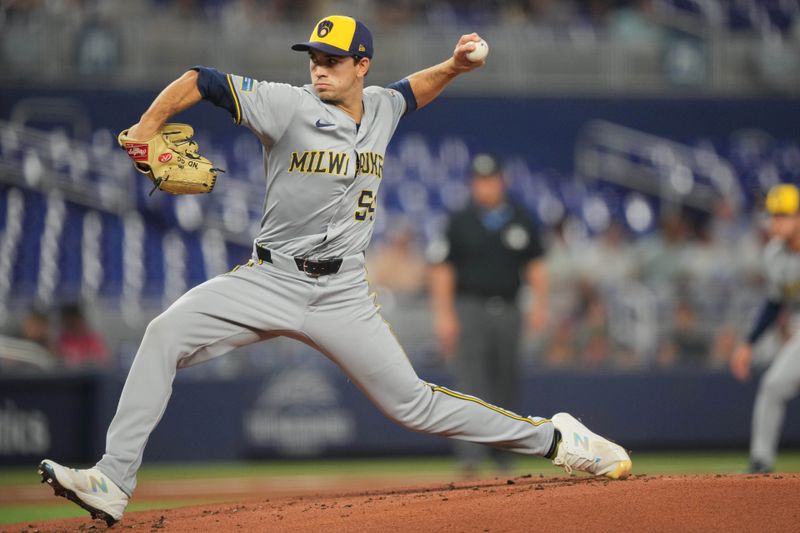 May 21, 2024; Miami, Florida, USA;  Milwaukee Brewers starting pitcher Robert Gasser (54) pitches against against the Miami Marlins at loanDepot Park. Mandatory Credit: Jim Rassol-USA TODAY Sports