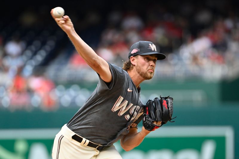 Jul 8, 2023; Washington, District of Columbia, USA; Washington Nationals starting pitcher Jake Irvin (74) throws to the Texas Rangers during the first inning at Nationals Park. Mandatory Credit: Brad Mills-USA TODAY Sports