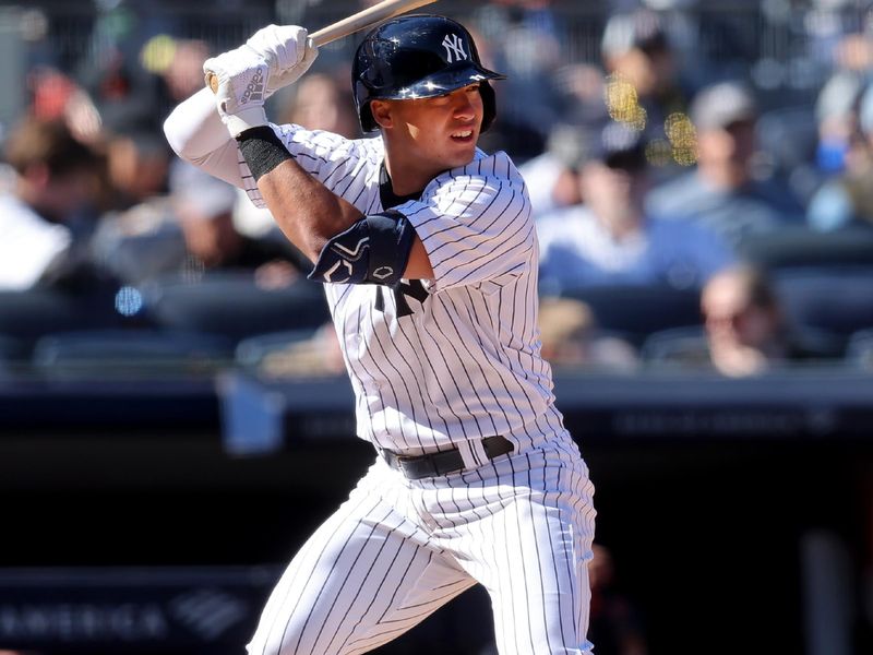 Apr 2, 2023; Bronx, New York, USA; New York Yankees shortstop Anthony Volpe (11) bats against the San Francisco Giants during the seventh inning at Yankee Stadium. Mandatory Credit: Brad Penner-USA TODAY Sports