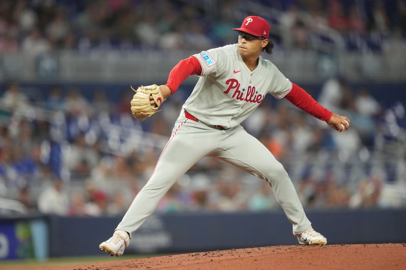 Sep 6, 2025; Miami, Florida, USA;  Philadelphia Phillies pitcher Jesus Luzardo (44) pitches in the first inning against the Miami Marlins at loanDepot Park. Mandatory Credit: Jim Rassol-Imagn Images