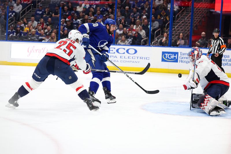 Feb 22, 2024; Tampa, Florida, USA;  Tampa Bay Lightning left wing Nicholas Paul (20) scores a goal on Washington Capitals goaltender Charlie Lindgren (79) in the third period at Amalie Arena. Mandatory Credit: Nathan Ray Seebeck-USA TODAY Sports