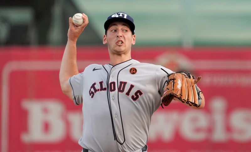 Jun 20, 2024; Fairfield, Alabama, USA; St. Louis Cardinals pitcher Andre Pallante (53) throws during the 1st inning against the San Francisco Giants in the MLB at Rickwood Field tribute game to the Negro Leagues. Rickwood Field is the oldest baseball stadium in America. Mandatory Credit: John David Mercer-USA TODAY Sports