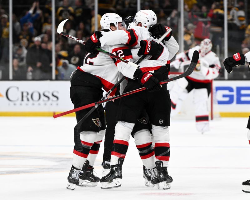 Nov 9, 2024; Boston, Massachusetts, USA; Ottawa Senators left wing Brady Tkachuk (7) celebrates with his teammates after scoring a goal against the Boston Bruins during an overtime period at TD Garden. Mandatory Credit: Brian Fluharty-Imagn Images