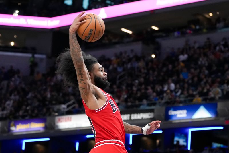 INDIANAPOLIS, INDIANA - MARCH 02: Coby White #0 of the Chicago Bulls attempts a layup in the third quarter against the Indiana Pacers at Gainbridge Fieldhouse on March 02, 2025 in Indianapolis, Indiana. NOTE TO USER: User expressly acknowledges and agrees that, by downloading and or using this photograph, User is consenting to the terms and conditions of the Getty Images License Agreement. (Photo by Dylan Buell/Getty Images)