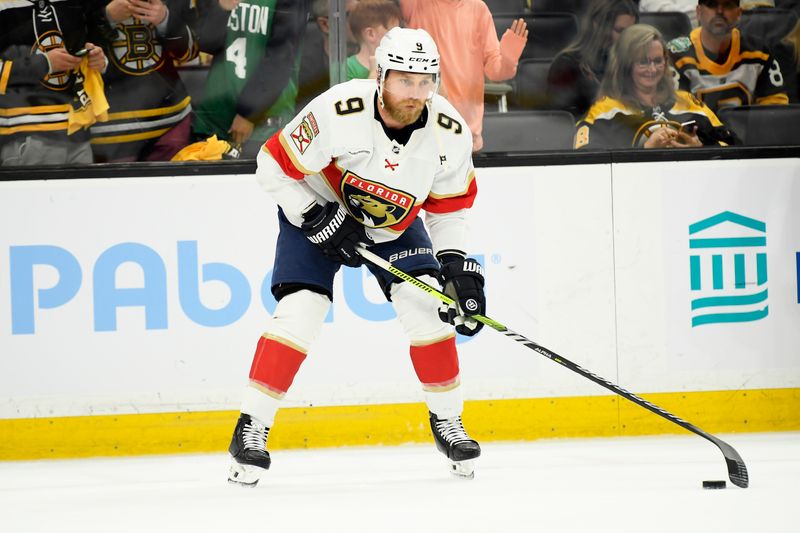 May 12, 2024; Boston, Massachusetts, USA; Florida Panthers center Sam Bennett (9) stick handles with the puck during warmups prior to game four of the second round of the 2024 Stanley Cup Playoffs against the Boston Bruins at TD Garden. Mandatory Credit: Bob DeChiara-USA TODAY Sports